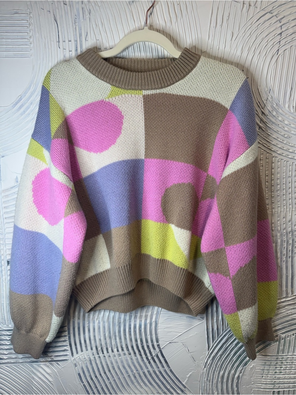 Lush Multicolor Abstract Crewneck Sweater - Pink, Lavender, Cream, Brown, Lime